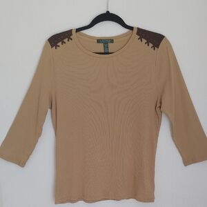 Lauren Ralph Lauren Women Ribbed Knit Suede Lace Up Shoulder Camel Top Sz XL VTG
